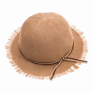 Foldable straw sun hat for women and children with fringe brim and bow detail