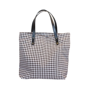 Japanese style gingham tote bag with black leather handles and metal rivet reinforcement