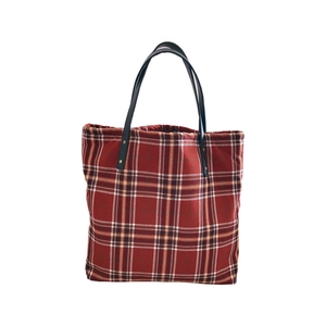 Classic red plaid oversized canvas tote bag with black handles and sturdy gold rivets
