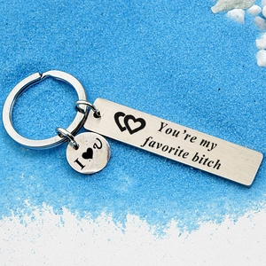 Stainless steel keychain set featuring an engraved rectangle pendant for couples gift