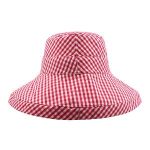 Women's foldable sun hat with red and white plaid pattern and wide brim for summer