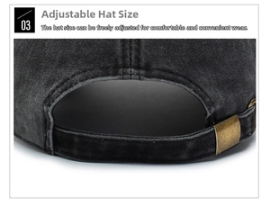 Close-up of adjustable metal buckle and stitching on washed denim baseball cap