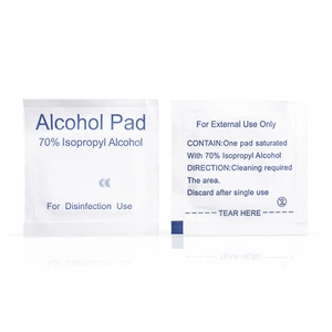 70% Isopropyl alcohol pads for sterile disinfection with CE certification on white background