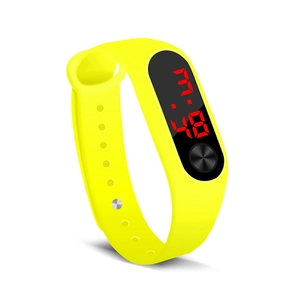 Fluorescent yellow silicone LED watch with black oval screen and red digital display
