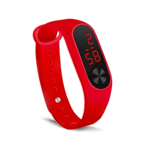Minimalist red sports LED electronic watch with a sleek silicone band on a white background