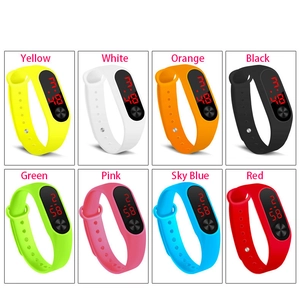 Grid display of LED digital watches in 8 vibrant colors with silicone straps
