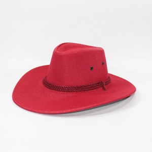 Detail of red linen cowboy hat featuring woven decorative cord and metal ventilation holes