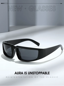 Detail of classic black wide-frame sports sunglasses with dark grey UV-protection lenses