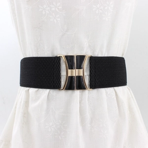 Women's black elastic waist belt with decorative bow alloy buckle on floral dress