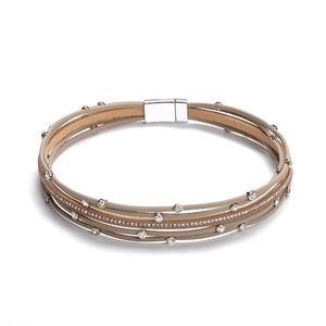 Beige multilayer leather wrap bracelet with crystal silver chains and magnetic clasp