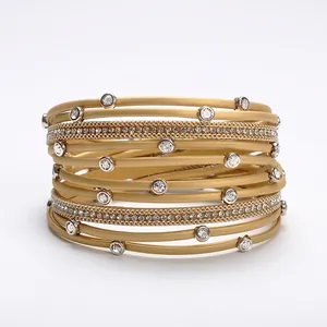 Multi Layer Wrap Bracelet Leather Rhinestone Stainless Steel Magnet Buckle Bohemian Fashion Jewelry For Women