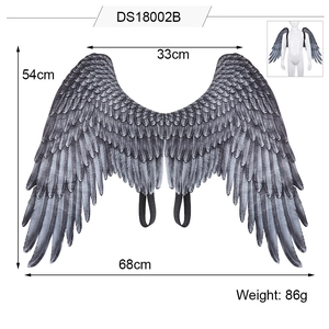 Grey feather angel wings for children with dimensions 68x54cm shown on white background