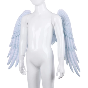 Detailed view of white feather angel wings with elastic straps for children costume