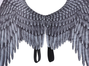Detail of gray feather print on costume wings with black elastic straps for cosplay