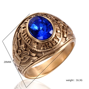 Vintage United States Army ring in gold finish with large blue oval gemstone inlay