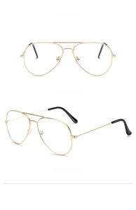Front and side view of gold frame aviator glasses with clear lenses and black ear socks