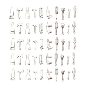 Mini silver alloy tool charms including saw, axe, wrench, and hammer for DIY jewelry making