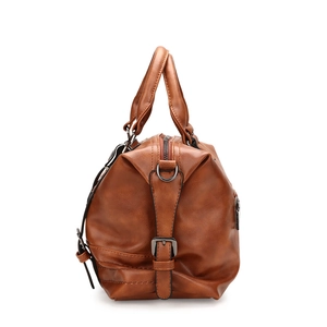 Classic brown PU leather Boston handbag for women with metallic side buckle detail