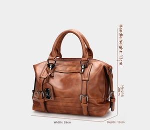 Detailed size chart of vintage brown Boston handbag with dimensions 28cm x 20cm x 13cm