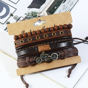 Vintage 4-piece set of men's leather bracelets with motorcycle pendant and beads