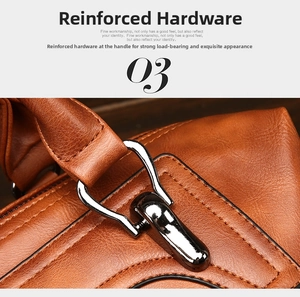 Detail of reinforced silver hardware and litchi grain leather on a brown Boston bag