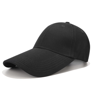 Black cotton baseball cap with long brim shown from a 45-degree angle on white background