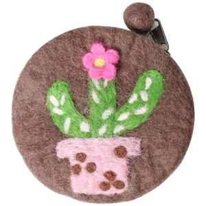 Handmade wool felt cactus coin purse with zipper and decorative fiber ball on white background