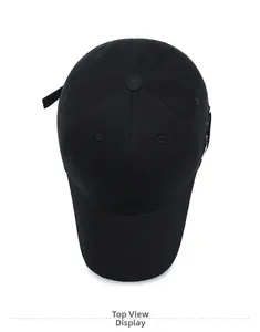 Top view of a black cotton twill baseball cap with six-panel structure and curved brim