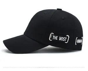 Detail of black baseball cap showing THE MOST embroidery and metal ring strap decoration