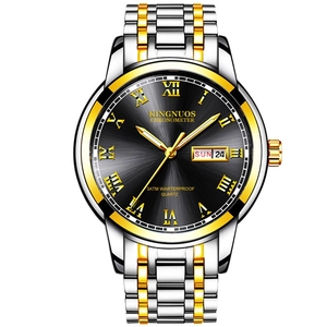 Men's two-tone gold and silver watch with black roman dial and double calendar display