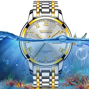 Waterproof quartz watch showing gold and silver steel band in creative underwater scene