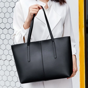 Minimalist black leather tote bag with large capacity for women's business and daily use