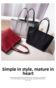 Detail shot of four minimalist tote bags in burgundy, silver, green, and black leather