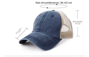 Size guide for washed cotton trucker hat showing head circumference, brim, and depth dimensions