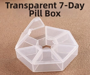 Close-up of a 7-day transparent pill box with seven individual flip-top compartments