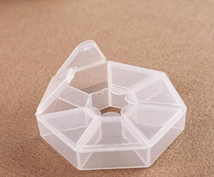 Top view of a hexagonal 6-compartment clear medicine box with open lids for organization