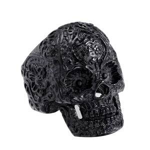 Vintage gothic skull ring for men in black finish with floral relief stainless steel
