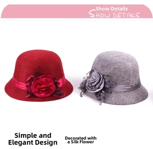 Detailansicht der Damen-Glockenhüte aus Leinen mit Seidenblumen und Netzschleier-Textur