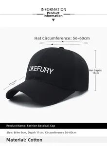 Détails des mesures d'une casquette de baseball en coton noir avec broderie LIKEFURY