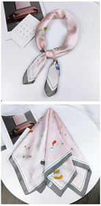 Pink silk-like square scarf with cartoon illustrations and gray hand-rolled edges