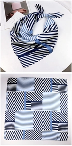 Detail of blue and white geometric striped silk scarf with elegant knotting and flat view
