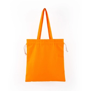 Detail view of durable orange canvas tote bag with drawstring closure and long handles