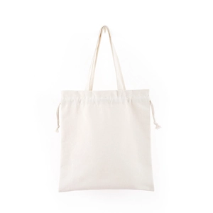 Detailed texture of beige canvas drawstring bag with shoulder straps and cotton fabric