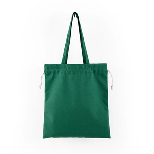 Close-up of dark green canvas drawstring bag with sturdy handles and beige cords
