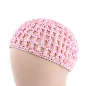 Close-up of pink handmade crochet hairnet with intricate mesh pattern for women