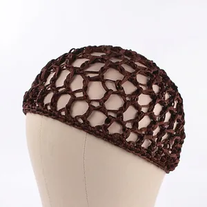 Detail of hand-crocheted dark brown snood hair net with retro hollow mesh structure