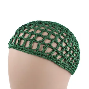 Detail of green handmade crochet hair net with elastic diamond mesh structure