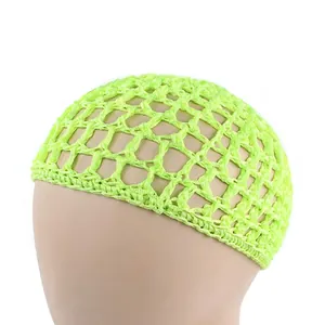 Detail of neon green handmade crochet hair net with large honeycomb mesh pattern