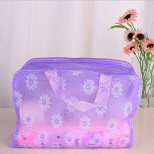 Floral purple PVC waterproof cosmetic storage bag with baby print and zipper closure