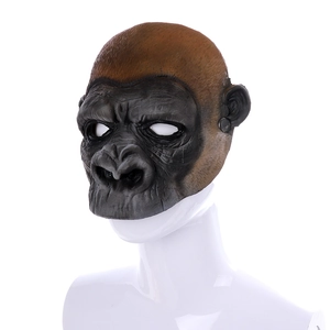Detailed side view of a realistic gorilla mask with lifelike skin texture and deep fur